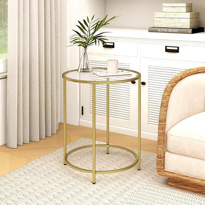 19.7’’ Round Glass End Table, Round Bedside Table with Tempered Glass Top, Gold Glass Side Table with Metal Frame, Modern Round End Table for Living Room Balcony Bedroom Porch Patio