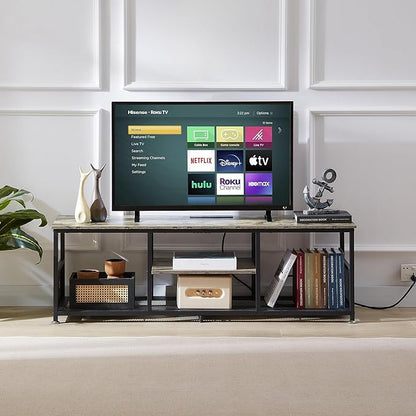 VECELO TV Stand with Power Outlets for Televisions up to 65Inch, 55" Media Entertainment Center with Charging Station 3-Tier Open Storage Shelves with Metal Frame for Living Room/Bedroom，Grey