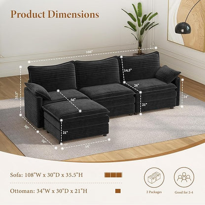 Vesgantti 108" Modular Sectional Sofa, Comfy Cloud Couch with Movable Ottoman Deep Seat Corduroy L Shaped Modular Sofa, Sectional Couches for Living Room, Bedroom and Apartment, Gray