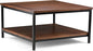 SIMPLIHOME Skyler Square Coffee Table - 34 inch Wide Solid Mango Wood and Metal Living Room Table in Dark Cognac Brown, Industrial Center Table for Family Room with Open Shelf and Black Frame