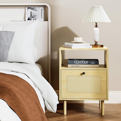 Rattan Nightstand with Storage Boho Modern Farmhouse Bedside Table with Drawer & Open Shelf Light Wood End Table for Bedroom, Living Room, Office, Dorm - Natural Walnut 0ak Color