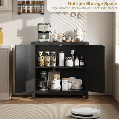 Garvee 31.5'' Small Rattan Buffet Cabinet with Storage, Kitchen Coffee Bar Cabinet with Doors, Boho Farmhouse Sideboard with Adjustable Shelves and Handle for Kitchen, Living Room, Black