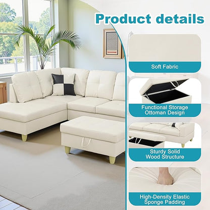 L Shaped Couch Faux Leather Sectional Couch Upholstered 3 Pieces Sofas for Living Room with Chaise, Storage Ottoman for Office and Small Apartment, White