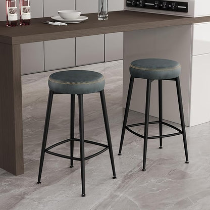 Counter Height Bar Stools, 26" H Backless Bar Stools Set of 8, Upholstered Faux Leather Kitchen Counter Stools, Mid Century Modern, Kitchen Island Home Bar, Pub, Black Blue