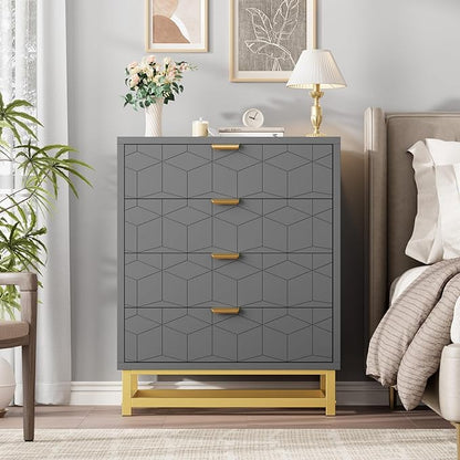 Grey Dresser, 4 Drawer Dresser for Bedroom, Modern Dressers with Gold Metal Handles for Living Room, Hallway, Entryway