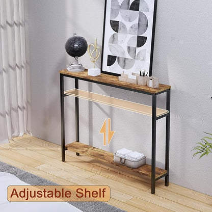 Narrow Console Table, 39.4” Sofa Table with Adjustable Shelf, 2-Tier Long Skinny Table for Hallway, Entryway, Living Room, Foyer, Rustic Brown
