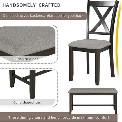 6 Pieces Dining Table Set with 60" Rectangle Kitchen Desk,Living Room Furniture W/ 4 "X-Shaped Curved Backres Fabric Chairs & 1 Bench,for Restaurant,Home Bistro,Espresso