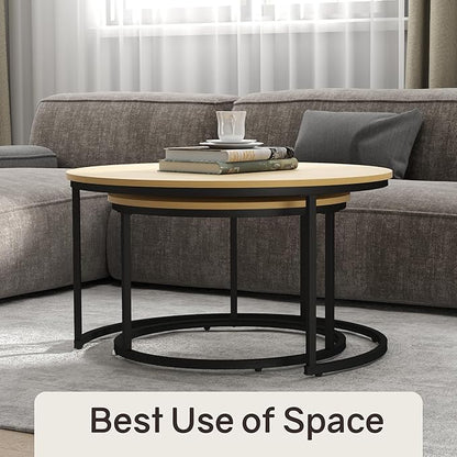 Nesting Tables Set of 2, 31.5" Round Coffee Table, Small Nesting Coffee Table with Adjustable Non-Slip Fee, Wood Grain Top Nesting Tables for Living Room, Bedroom (Wood Grain Light Brown)
