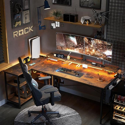 ODK 66 Inch Gaming Desk with USB Charging Ports and LED Lights, Reversible L Shaped Computer Desk with Storage Shelves & Monitor Stand, Home Office Desk Table with Power Outlets, Vintage