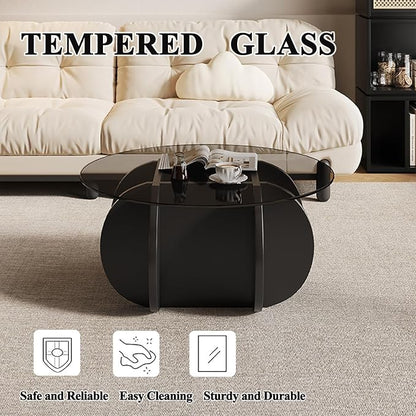 Mid Century Modern Round Glass Coffee Table for Living Room, Black Small Coffee Table for Center, Suitable for Bedroom Living Room Reception Office Tables (Black/Grey)