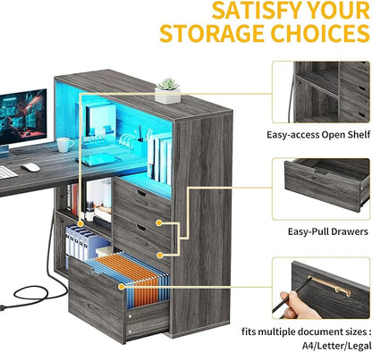 DWVO L Shaped Desk with Drawers, 55" Corner Computer Desk with Bookshelf & Power Outlets & LED Lights, Home Office Desk with Storage Shelves, Grey