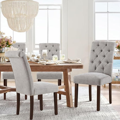 COLAMY Button Tufted Dining Chairs Set of 4, Parsons Upholstered Fabric Dining Room Chairs Kitchen Chairs with Wood Legs and Padded Seat, Light Grey
