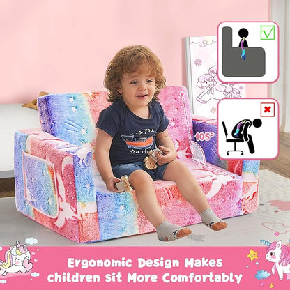 Toddler Chair Comfy,2-in-1 Soft Toddler Couch Fold Out for Kids,Convertible Sofa to Lounger,Gift for Girls and Boys Birthday,Elf,Large