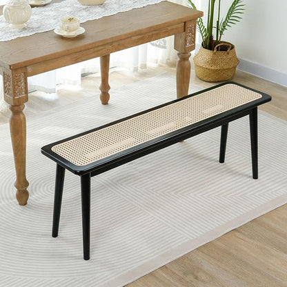 Entryway Bench, Solid Wood Kitchen Dining Bench, Mid Century Modern End of Bed Bench with Rattan Woven Top for Bedroom, Dining Room, Entry Way, 39.4" L x 11.2" W x 17.7" H, Black
