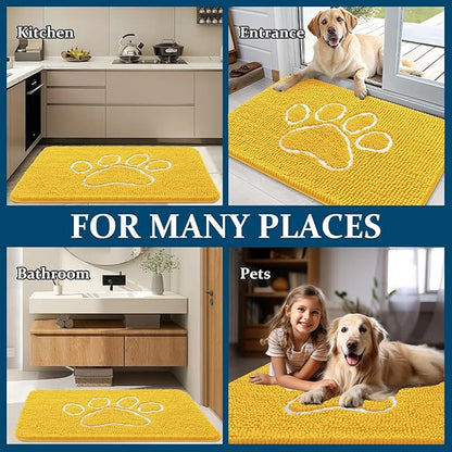 OLANLY Door Mat for Muddy Dog Paws 48x30, Ultra Absorbent Chenille Mud Doormat with Paw Print Design, Non-Slip Washable Doormat for Indoor Entryway, Quick-Dry Pet Bed Mats for Dirty Dogs, Yellow