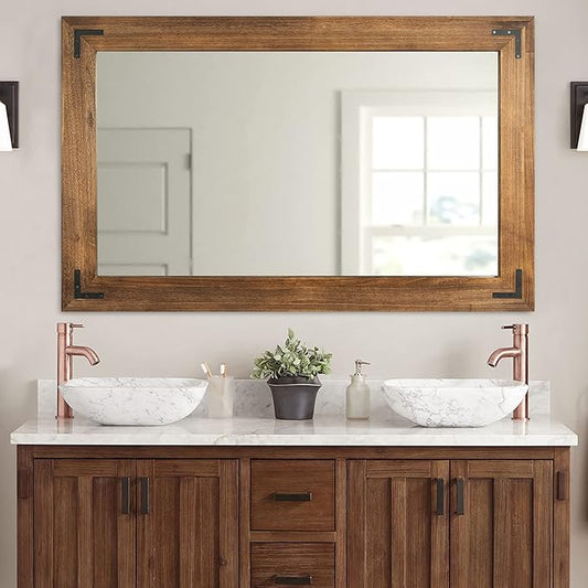 YOSHOOT Rustic Wooden Framed Wall Mirror, Natural Wood Bathroom Vanity Mirror for Farmhouse Decor, Vertical or Horizontal Hanging, 60" x 36", Brown