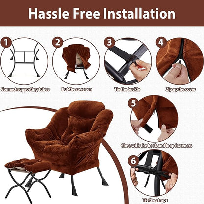 Lazy Chair with Folding Ottoman, Accent Chair Plush Upholstered with Metal Structure and Non-Slip Pads, Sofa Armchair with Footrest and Side Storage Bag for Dorm, Room, Office, Brown