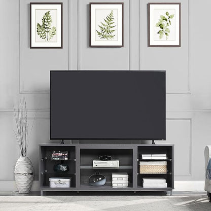 Manhattan Comfort Brighton 60" TV 7 Shelves, Tempered Glass Dividers and Media Wire Management, Modern Free-Standing Entertainment Center for Living Room, Fits up to 56" Television, OneSize, Grey