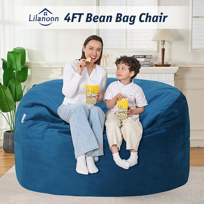 4FT Bean Bag Chair with Ultra Soft Velvet Cover Bean Bag Sofawith Memory Foam Bean Bag Chairs with Large Size Lazy Sofa for Dorm Office Living Room Bedroom Blue 4'
