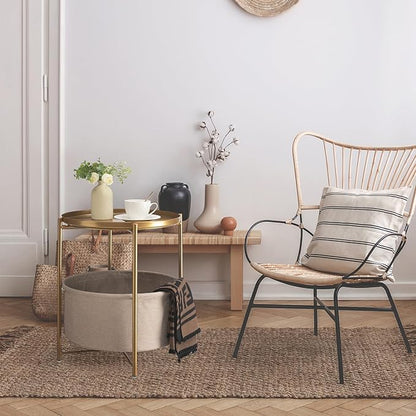 danpinera Round Side Table with Fabric Storage Basket, Metal Side Small Bedside Table Nightstand with Removable Tray Top for Living Room, Bedroom, Nursery, Laundry, Gold