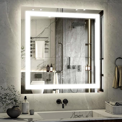 40"x 40" LED Bathroom Mirror, Backlit + Front Lit, LED Bathroom Mirror with Lights for Wall, 3 Colors, Anti-Fog, Dimmable Brightness, Memory Function, Tempered Glass