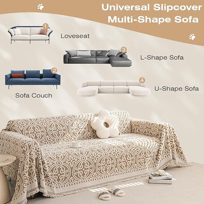 STACYPIK Modern Khaki Jacquard Couch Cover French Style L-Shape Sofa Protector for 3-Cushion Couch, Washable, Stain Resistant, 71x150IN