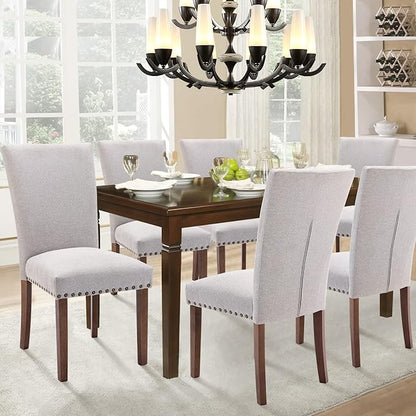 Parsons Dining Chairs Set of 6, Upholstered Nailhead Dining Room Kitchen Side Chair with Thick Cushions and Wood Legs, Light Grey