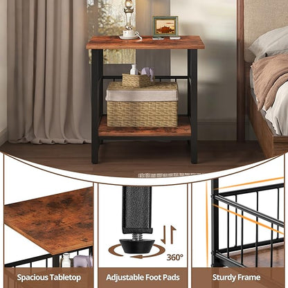 Industrial Night Stand, 18” Square Side Table with Open Storage Shelf, Bedside End Table for Bedroom, Heavy Duty Stand for Mini Fridge for Dorm, Kitchen Room, Rustic Brown