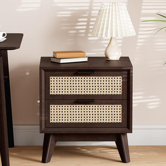 Bme Jasper Deluxe Solid Wood Rattan Nightstand Fully Assembled-Mid Century Modern Side Table with 2 Drawers-Multipurpose use for Living Room, Bedroom-Walnut