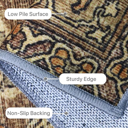 8X10 Area Rugs Machine Washable Rugs for Living Room, Vintage Boho Large Rugs for Bedroom Dining Room, Non Slip Indoor Soft Distressed Lightweight Thin Low Pile Carpet, Rustic Brown
