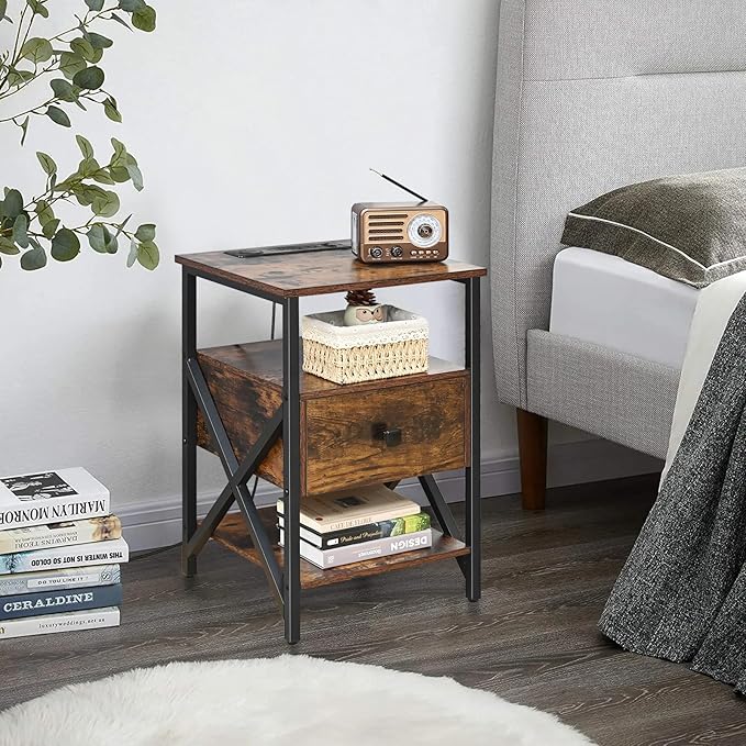End Table with Wireless Charging, Charging End Table Bedside Table with Outlets, Charger Nightstand, Small End Table with Drawer, Night Stand with Storage for Bedroom, Living Room, Brown