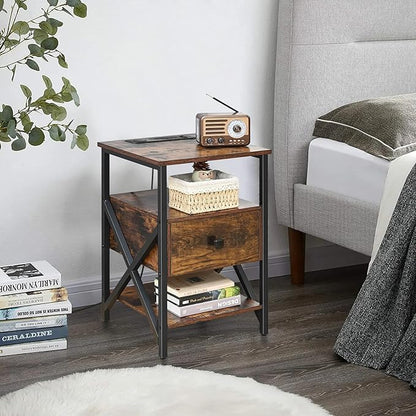 End Table with Wireless Charging, Charging End Table Bedside Table with Outlets, Charger Nightstand, Small End Table with Drawer, Night Stand with Storage for Bedroom, Living Room, Brown