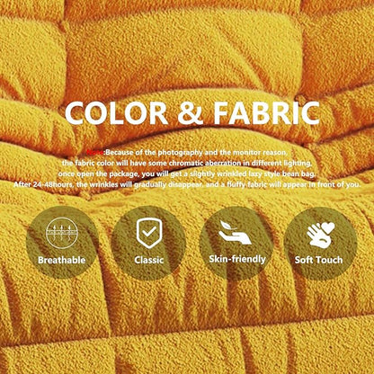 Bean Bag Chairs for Adults, BeanBag Reading Chair Memory Foam Couch 3-Seater, Floor Chair Soft Teddy Material, Comfy Reading Nook Chairs for Bedroom Living Room Office (Yellow)