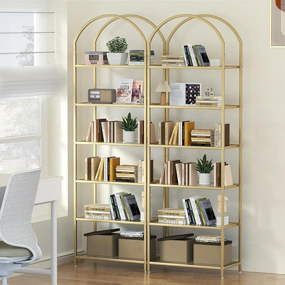 Homhedy Bookshelf Arched Display Racks,Metal Bookcase,Tempered Glass Shelves,Storage Rack Shelf for Home Office,Living Room,Bedroom, Bathroom,Modern Style (Golden, 11.8" D x 23.6" W x 73.6" H)