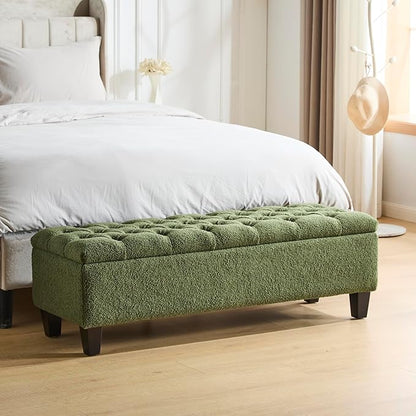 Christopher Knight Home Ottilie Boucle Fabric Storage Ottoman Bench, Wooden Rectangular Ottoman with Storage, Bedroom End of Bed Foot Stool, Entryway Ottoman Footrest, Living Room Extra Seat, Green