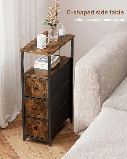 TUTOTAK Narrow Night Stand with Charging Station, Slim End Table with Plugins, Tall Side Table with 3 Fabric Drawer, Small Bedside Table with Storage, Set of 2, Living Room, Bedroom, Brown TB01BB073