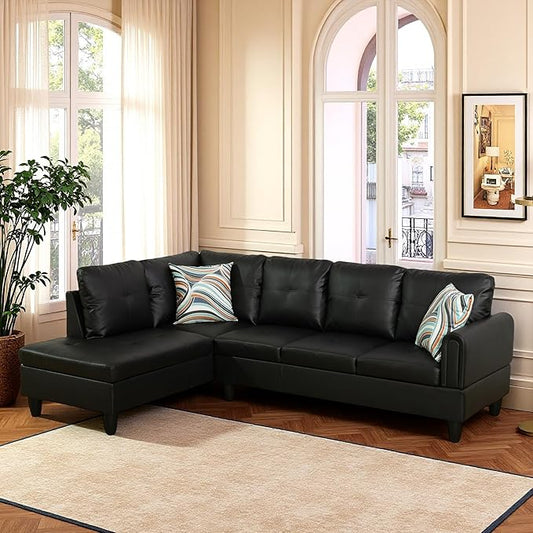 L Shaped Couch Sectional Couches with Chaise, 3 Pieces Modular Convertible Sofa for Living Room Furniture Sets and Small Apartment Faux Leather, Black