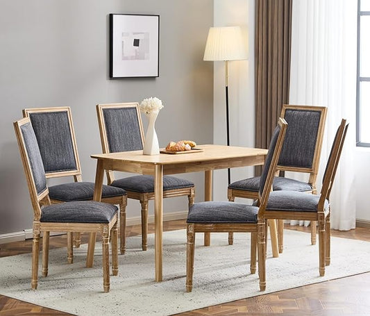 Merax Upholstered Solid Wood Dining Chairs Set of 6, French Country Style Accent Side Seating Furniture for Kitchen, Living Room, Cushioned Back, Blue Gray