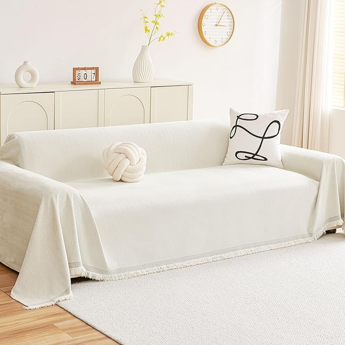 hyha Couch Cover for Dogs, Boho Sofa Covers for 3 Cushion Couch Washable, Chenille Sofa Slipcover for Pets, Soft Loveseat Sectional Couch Throw Blankets with Tassels (Beige, 88.5x150 Inch)