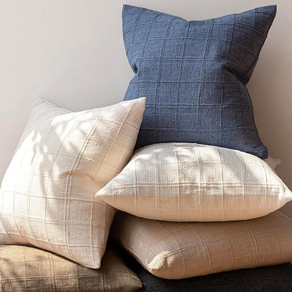 Foindtower Set of 2 Decorative Linen Check Throw Pillow Covers Neutral Farmhouse Lumbar Cushion Covers Modern Coastal Boho Home Decor for Sofa Chair Couch Bedroom Living Room Outdoor,12×20 Inch,Blue