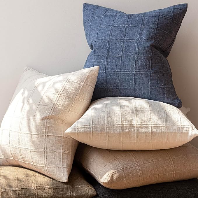 Foindtower Set of 2 Decorative Linen Check Throw Pillow Covers Neutral Farmhouse Vintage Cushion Covers Modern Coastal Boho Home Decor for Sofa Chair Couch Bedroom Living Room Outdoor,22×22 Inch,Blue