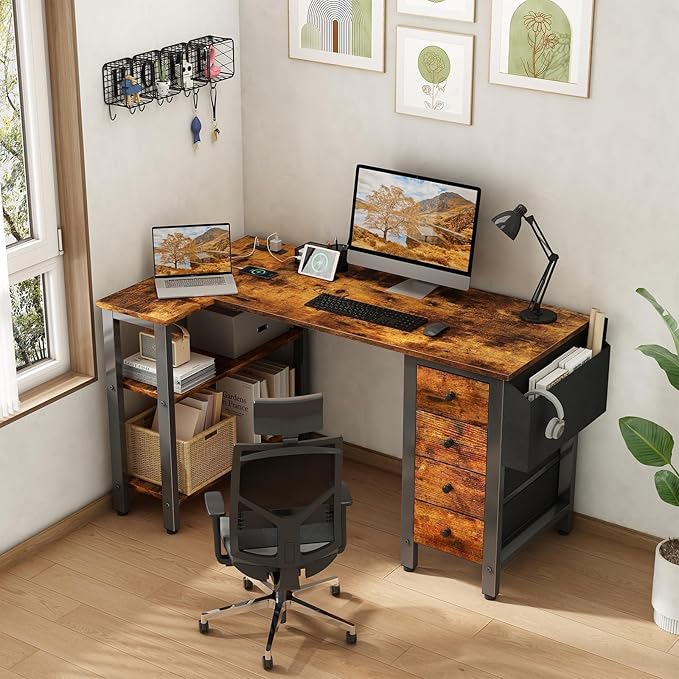 Lufeiya L Shaped Desk with Drawers & Storage Shelves, 47 Inch Small Reversible Corner Desk with Power Outlet for Home Office Bedroom, L-Shaped Gaming PC Computer Desks with Fabric Drawer, Rustic Brown