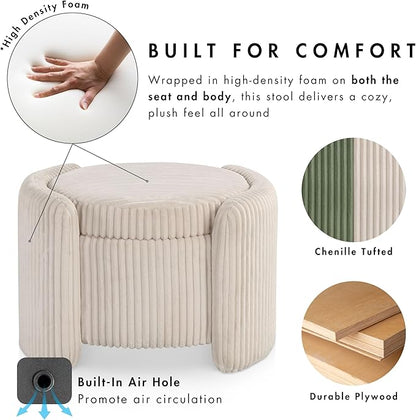 Furniture of America Lennox Modern Chenille 25-inch Round Storage Ottoman with Reversible Flip Top, Upholstered Footstool for Living Room, Bedroom, Entryway, Beige Pink