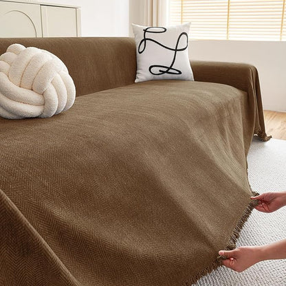 hyha Couch Cover for Dogs, Boho Sofa Covers for 3 Cushion Couch Washable, Chenille Sofa Slipcover for Pets, Soft Loveseat Sectional Couch Throw Blankets with Tassels (Chocolate, 71x150 Inch)