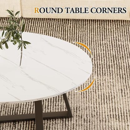 Coffee Table Small Oval Table,White Faux Marble Table for Living Room, Modern Center Tea Tables for Small Space,Wooden Tables End Tables with Sturdy Black Metal Leg