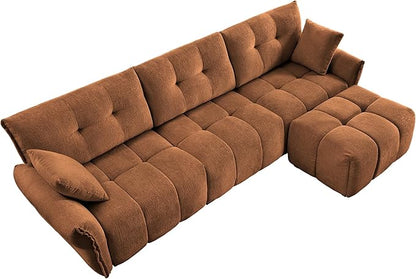 Modern Chenille Fabric 3-Seat Sofa w/Ottoman+2 Pillows, Premium Upholstery Living Room Couch with Tufted Backrest & Comfortable Armrests and High-Resilience Memory Foam Cushions,Orange