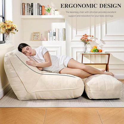 Bean Bag Chair with Ottoman, Comfy Bean Bag Sofa with Memory Foam, Lazy BeanBag Sofa with Footstool, Fireside Bean Bag Couch for Living Room, Bedroom, Apartment (Off White)