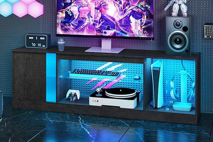 TV Stand with Power Outlets to 63 65 70inch TV, Modern Entertainment Center with Multi-Color LED Light, Media TV Console with Adjustable Glass Shelves for Living Room, Bedroom, Black MDS03UDBB