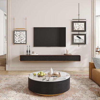 POVISON Fully-Assembled Minimalist Floating TV Stand, Modern Wall-Mounted Entertainment Center with 4 Flip-Down Cabinet Doors, Solid Wood Media Console, Walnut Veneer, 94"