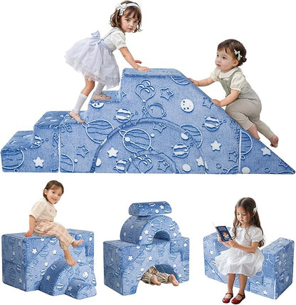 MeMoreCool Foam Climbing Toddler Couch, Modular Kids Sofa with Slide & Stair, Convertible Baby Couch for Playroom, Sectional Furniture for Crawling, Climbing, and Kids’ Play